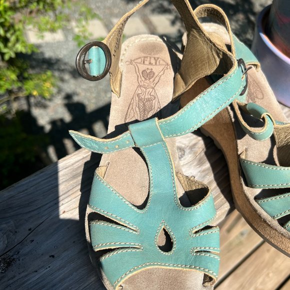 Teal Leather Wedge Sandals, Made in Portugal, Fly London, [37] size 6 - 7 - Picture 2 of 3